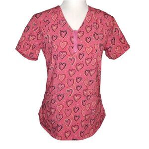 Essentials Medical Uniforms Scrub Top Pink With Hearts Size Medium 10-12